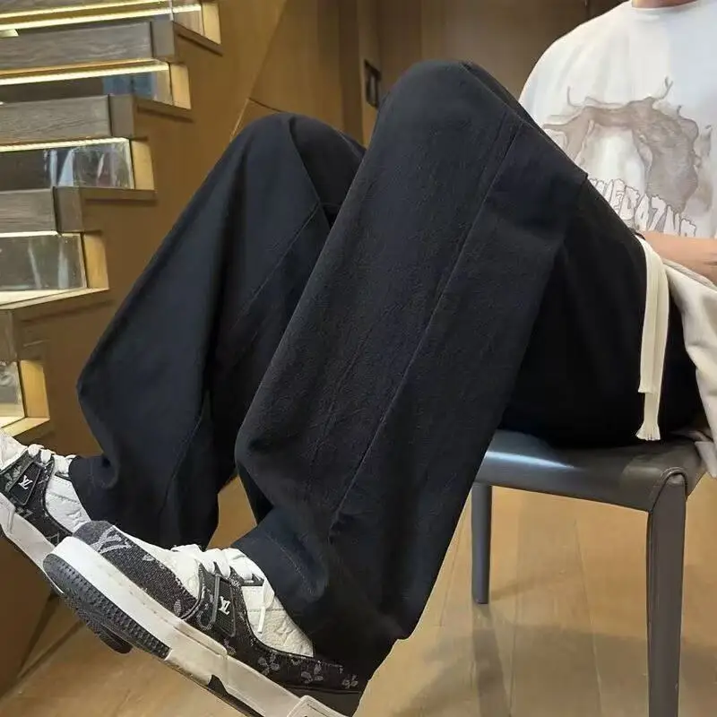 Calças casuais para homens verão novo gelo seda na moda esportes solto tubo reto para homem