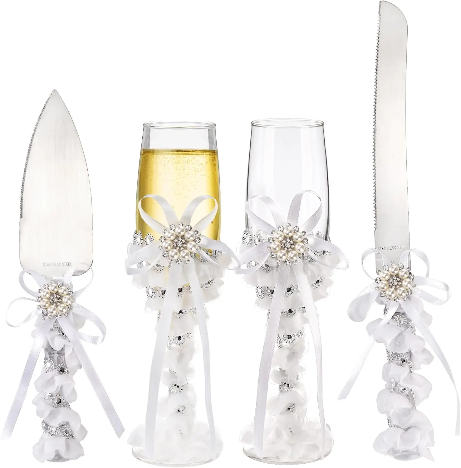 

4-Piece Wedding Cake Knife & Server Set with Champagne Flutes, Pearl Lace Design
