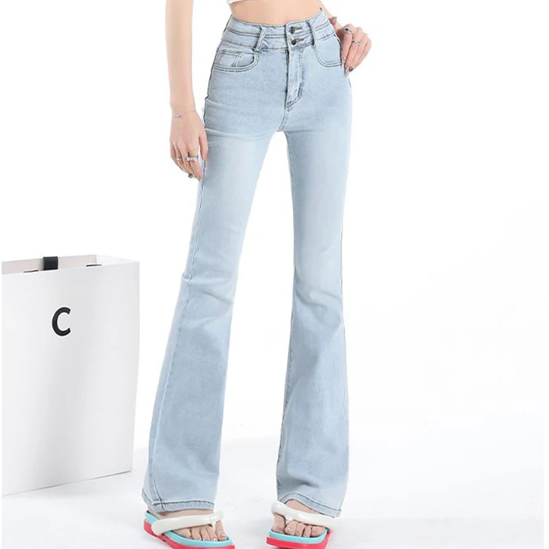 

Micro Flared Jeans For Women High Waisted Slimming Elastic Pants Light Blue Cement Gray