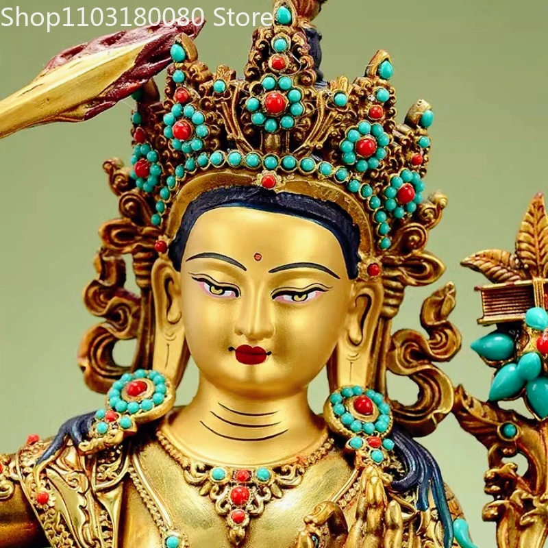 Nepal inlay Copper gilding Manjusri Bodhisattva sculpture Tibet Manjushri buddha statue,47cm,31cm,21cm