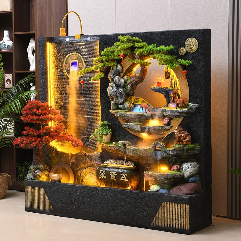 Large water curtain wall rockery fountain ornament, living room, office, courtyard, villa lucky feng shui wheel ornament