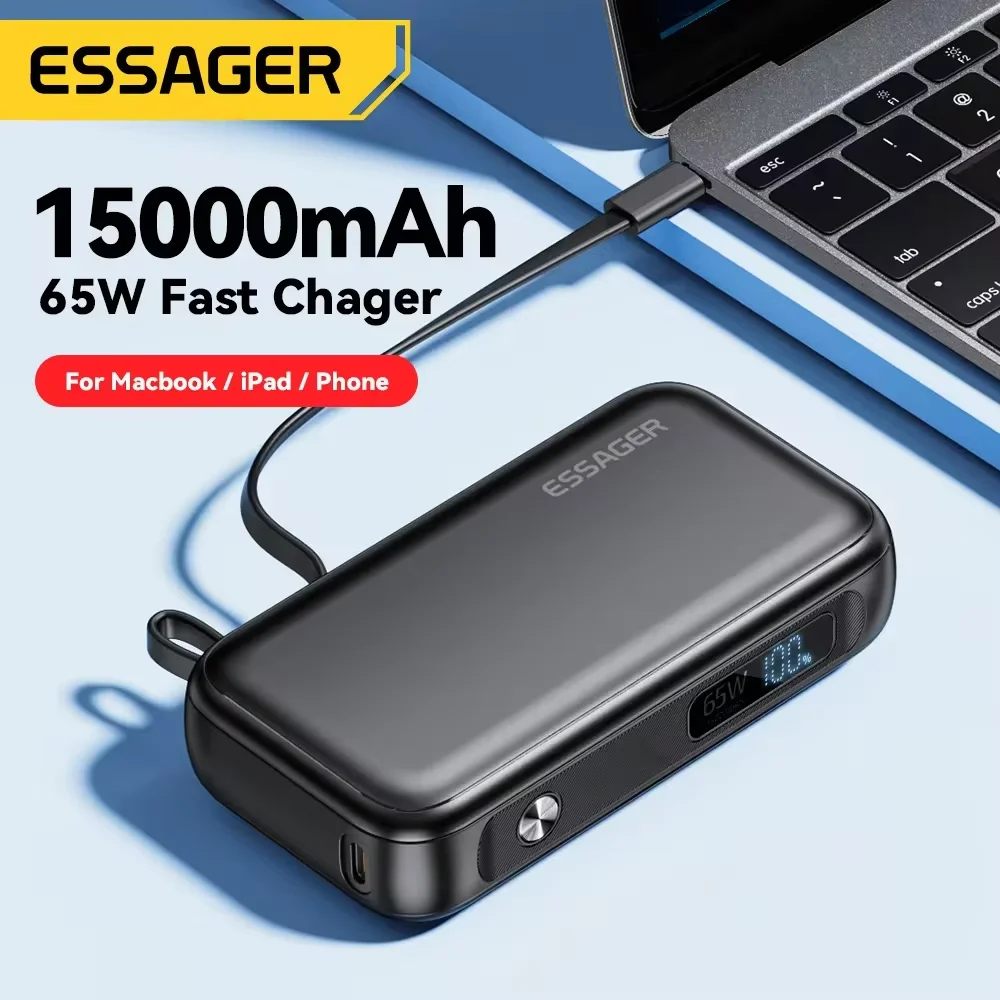 Essager 휴대용 15000mAh USB C 케이블 포함, 외부 예비 배터리 팩, 아이폰 아이패드 맥북용, 65W 고속 충전기