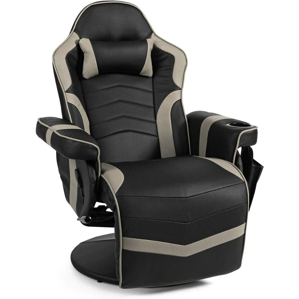 

Massage office chair with rotating adjustable high backrest and footstool, with cup holder and side pockets GM