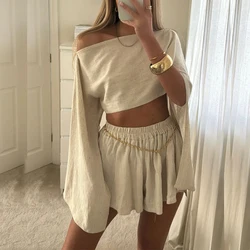 Lente Zomer Katoen Linnen Vrouwen Set Vintage Skew Kraag Lange Mouwen Top + Shorts Strand Pak Sexy Asymmetrische Navel Vakantie outfit