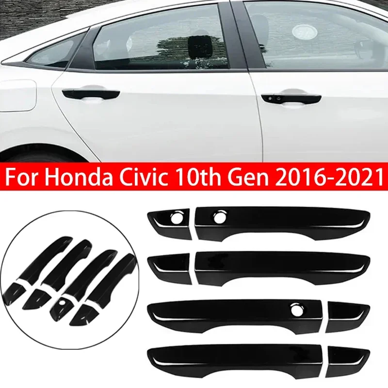 For Honda Civic 10th Gen 2016-2021 Car Carbon Fiber Style Black Exterior Door Handle Moulding Cover Trim w/Keyless Entry Decor