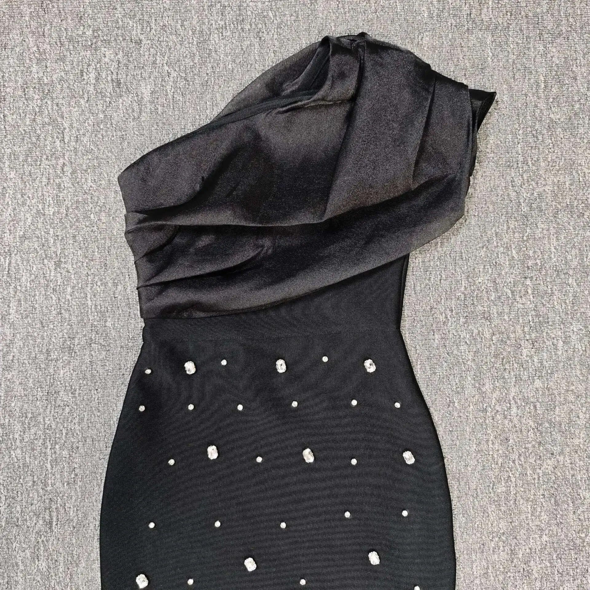 LEOSOXS Womens Elegant Evening Dress Rose Black One-Shoulder Patchwork Beaded Luxurious Rhinestone Sexy Asymmetric Bodycon Dress