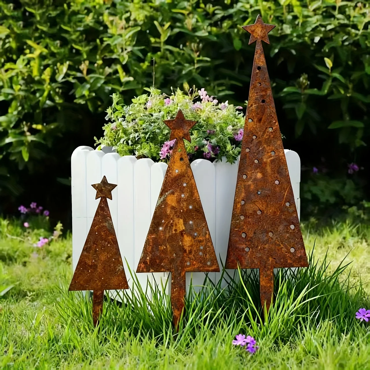 3pcs Vintage Patina Cast Iron Christmas Tree Outdoor Garden Ground Plug Ornament, Garden Stake - Farmhouse