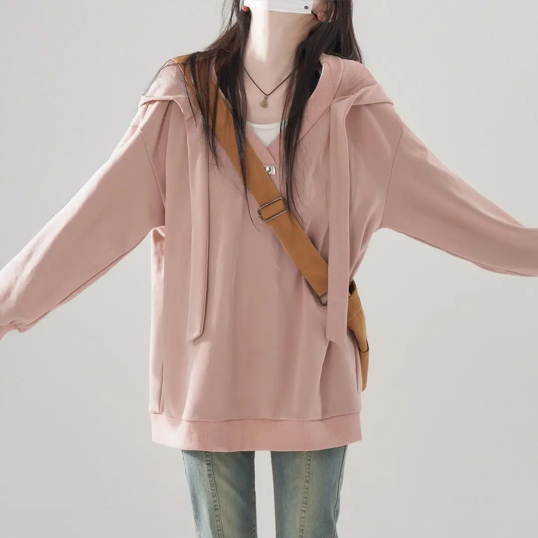 Hooded Cotton Hoodies Women'S Y2K Top Dirtied Emo Wine Punk-Style Look Line Spring Tops Weight Drop-Shoulder Casuals Asymmetric