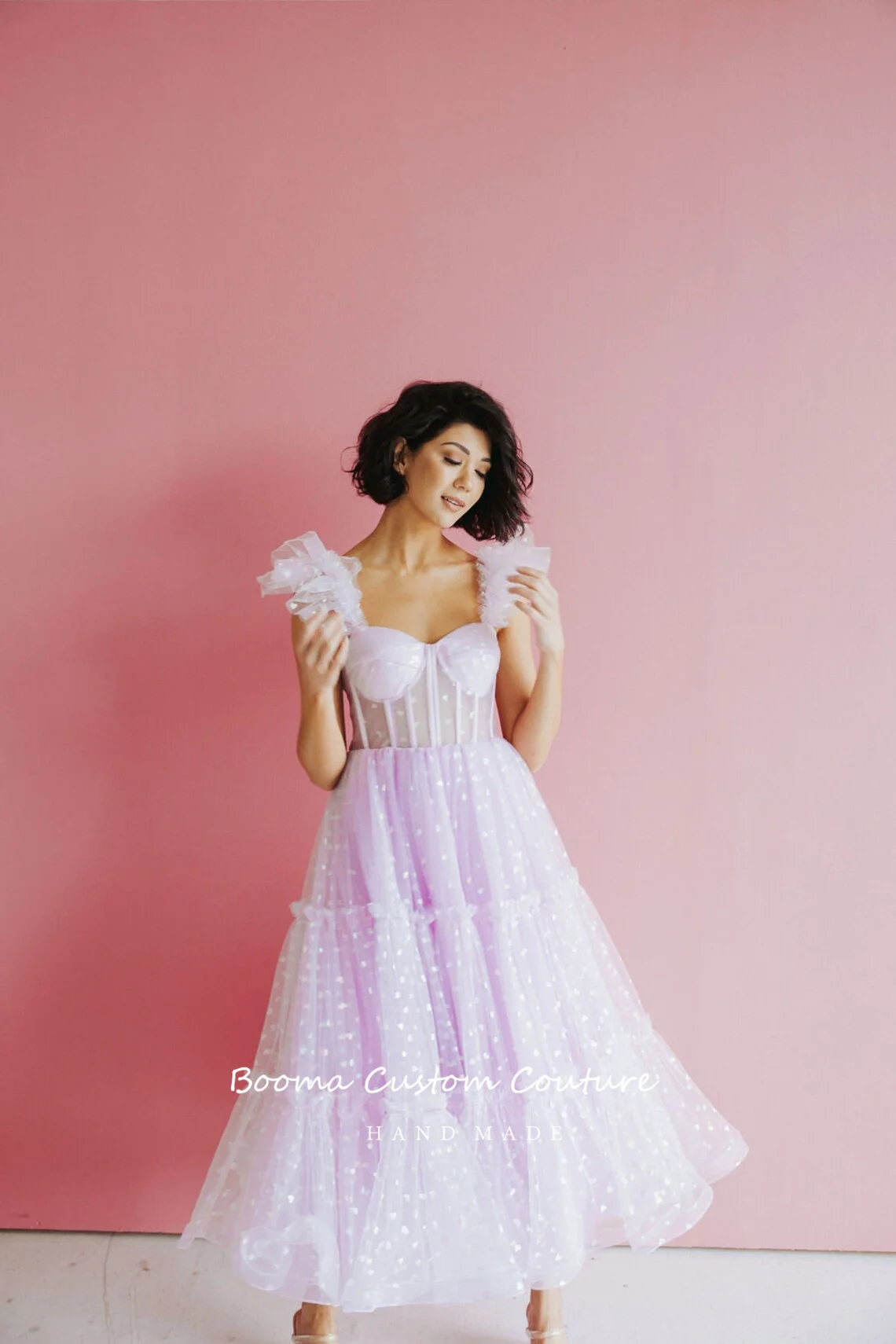 Booma Lavender Hearty Tulle Midi Prom Dresses Sweetheart Ruffle Sleeves Corset Bustier Tea-Length A-Line Wedding Party Dresses