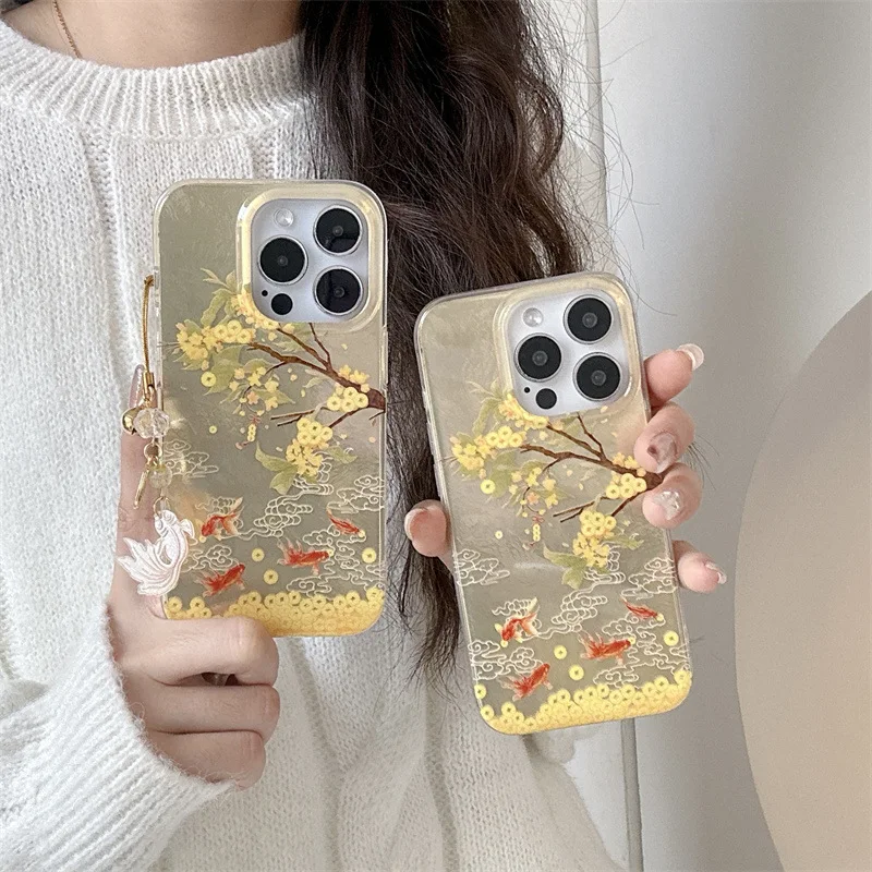 money tree goldfish lucky charm Pendant Phone case For iPhone 16 15 14 13 Pro Max Case Cute Luxury Chinese style Cartoon Cover