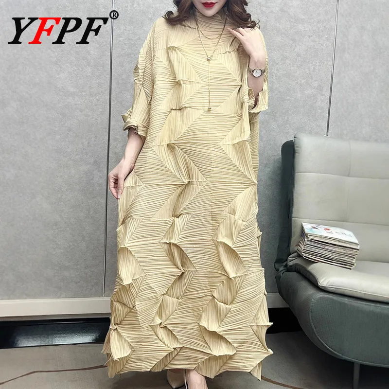 

YFPF Irregular Pleated Design Long Dress For Women Fashion Solid Color Loose Folds Dresses Elegant 2025 New Clothing 3A325
