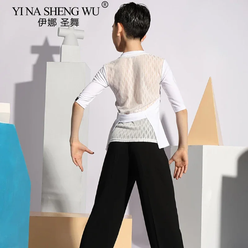 Camiseta de baile latino para hombre, ropa de actuación de competición profesional, Top hueco con espalda en blanco y negro, cómodo y transpirable