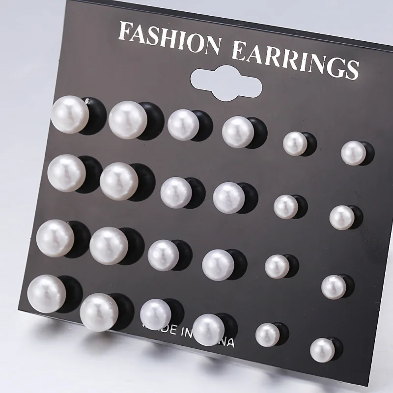 Korean Women Earrings 12 Pair/Set Beige White Pearl Simple Fashion Earrings Wedding Jewelry For Gift Valentine's Day gift