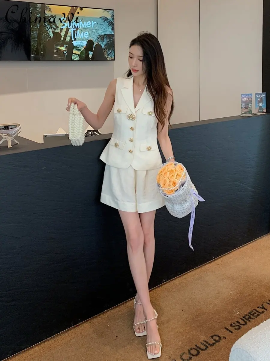 

Linen Lapel Sleeveless Top High Waist Shorts 2024 Summer Clothes New Fashion Commuter Elegant Outfit Ladies Two-Piece Set