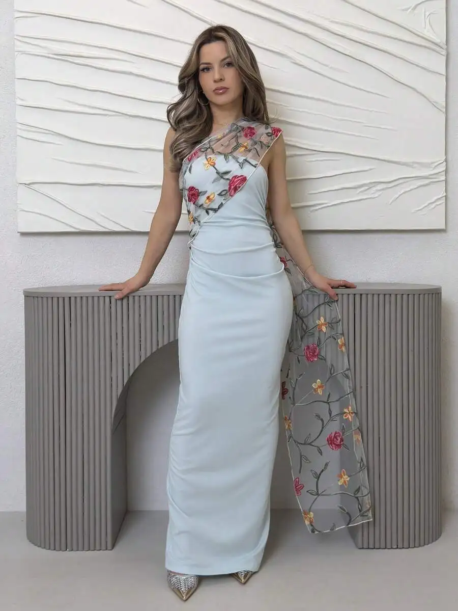 

Light Blue Sleeveless Floral Embroidery Sheer Overlay Maxi Dress For Women
