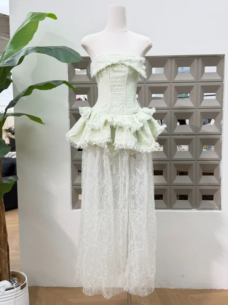 Dfdg feminino primavera luz verde sem alças espartilho vestido em camadas plissado elegante festa formal wear 2025 na moda roupa feminina vestido