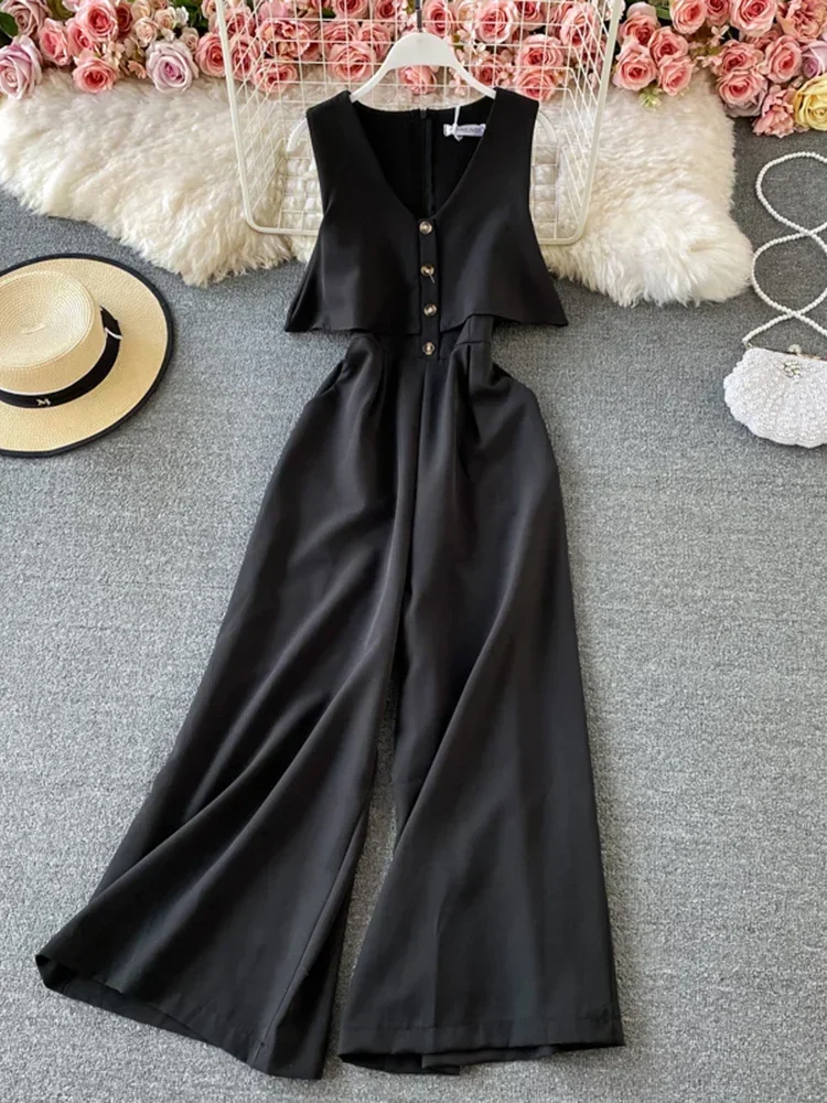 

Summer New Fashion V-neck Jumpsuit Women's Waist Slimming Wide-leg Pants Trousers Jump Suits for Women C861