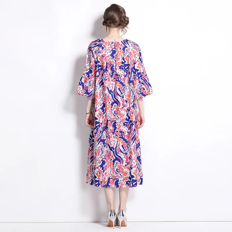 Europa En Amerika Nieuwe Mode Vintage Boho Vakantie Ronde Hals Drie Kwart Casual Losse Zomer Vrouwen Print Lange Jurken