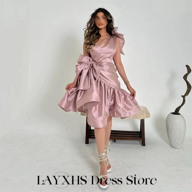 

LAYXHS Fashion One-Shoulder Bow Evening Dresses Mini A-line Pleat Knee-Length Prom Dresses Customized فستان سهرة نسائي