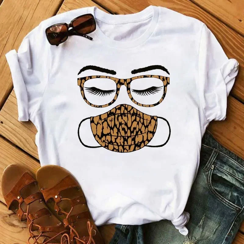 Women Short Sleeve Tshirts Cartoon Leopard Face Mask Eyelash Printing Tshirt Female Tee Top Ladies Graphic T-shirt