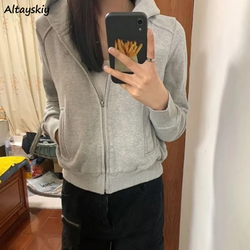 

Jackets Women Gray Zipper Long Sleeve Hooded Minimalist Chic High Street Korean Style Ins Spring Autumn All-match Pockets New