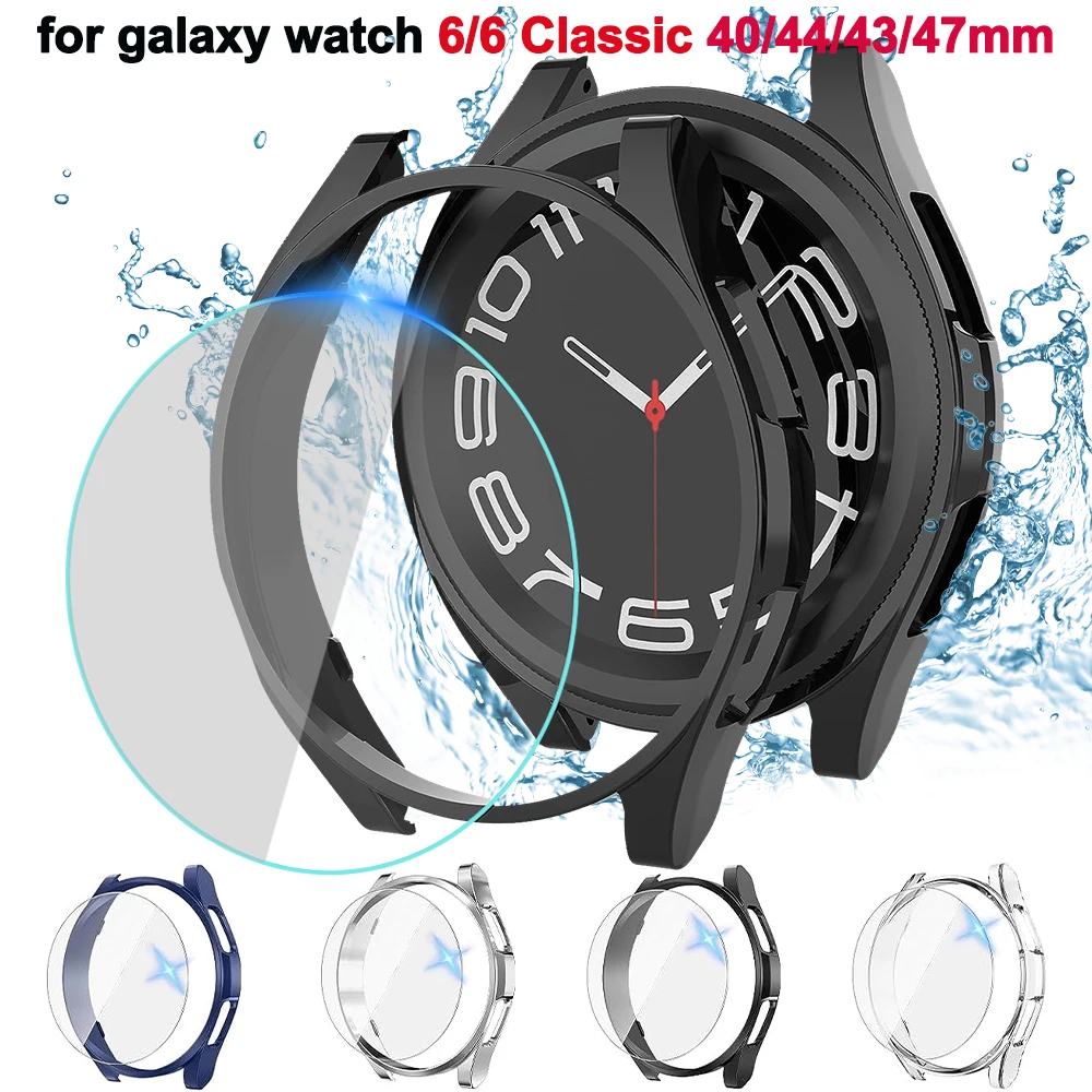 Vidro e Estojo para Samsung Galaxy Watch, Capa De PC Impermeável, Protetor De Tela, 6, 6 Clássico, 40mm, 44mm, 43mm, 47mm