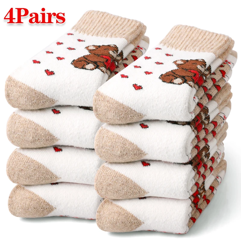 4 Pairs Cute Cartoon Animals Print Crew Socks Women's Winter Thermal Plush Lined  Heavy Knit Sock for Outdoor Active, Sleeping