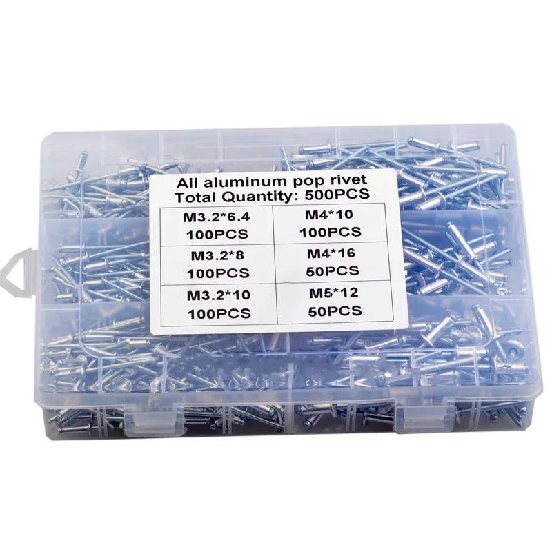 500PCS Pop Rivets Aluminium Assortment Kit M3.2 M4 M5 Mushroom Head Break Mandrel Blind Rivets Set GB12618
