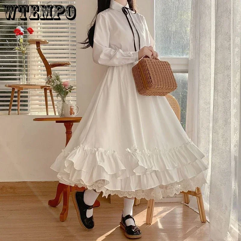 WTEMPO Japanese Solid Color Double Layer Vintage French Ruffled A-line Skirts Female Hepburn Style Black White Long Lolita Skirt