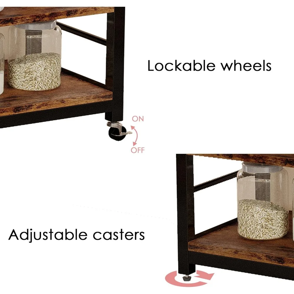 Bakers Rack, Microwave Stand with Power Outlets, Kitchen Storage with Wheels and Feet, Coffee Station with Cabinets and10