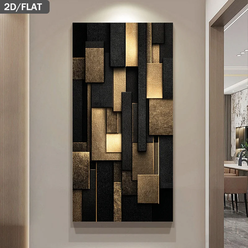 

2D/Flat Modern Abstract Black Golden Geometric Canvas Wall Art, Frameless Neutral Minimalist Canvas Prints for Living Room Decor