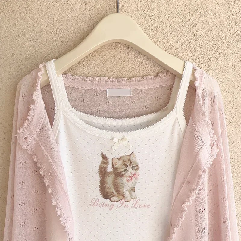 Cute Tops Women Summer Cotton Camis Pink Bow Cat Print Knitted Crop Top for Sweet Girl Lolita Style Kawaii Clothes