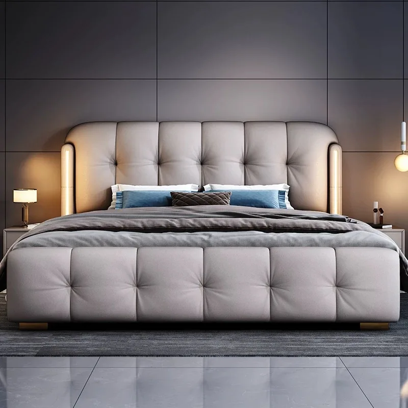 Modern Luxury  Bedroom Furniture Wooden Box Soft Up-holstered Beds with Light Large Double Bed Frame Leather Set Storage Design