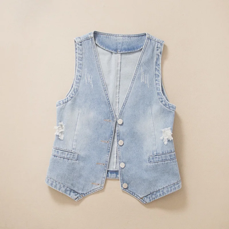 Vintage Light Blue V Neck Frayed Denim Vest Women Waistcoat Slim Short Cowboy Sleeveless Jacket Coat Casual Jeans Vests Female