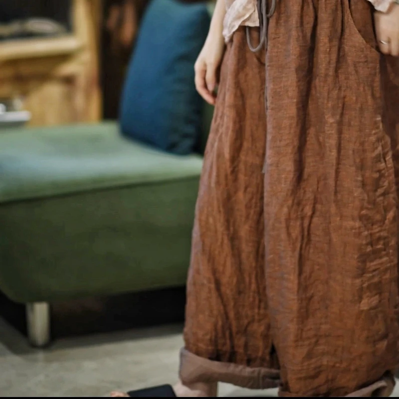 

Осенние новые широкие лоскутные повседневные эластичные женские брюки с высокой талией, тканые льняные брюки высокого качества для женщин, модная одежда