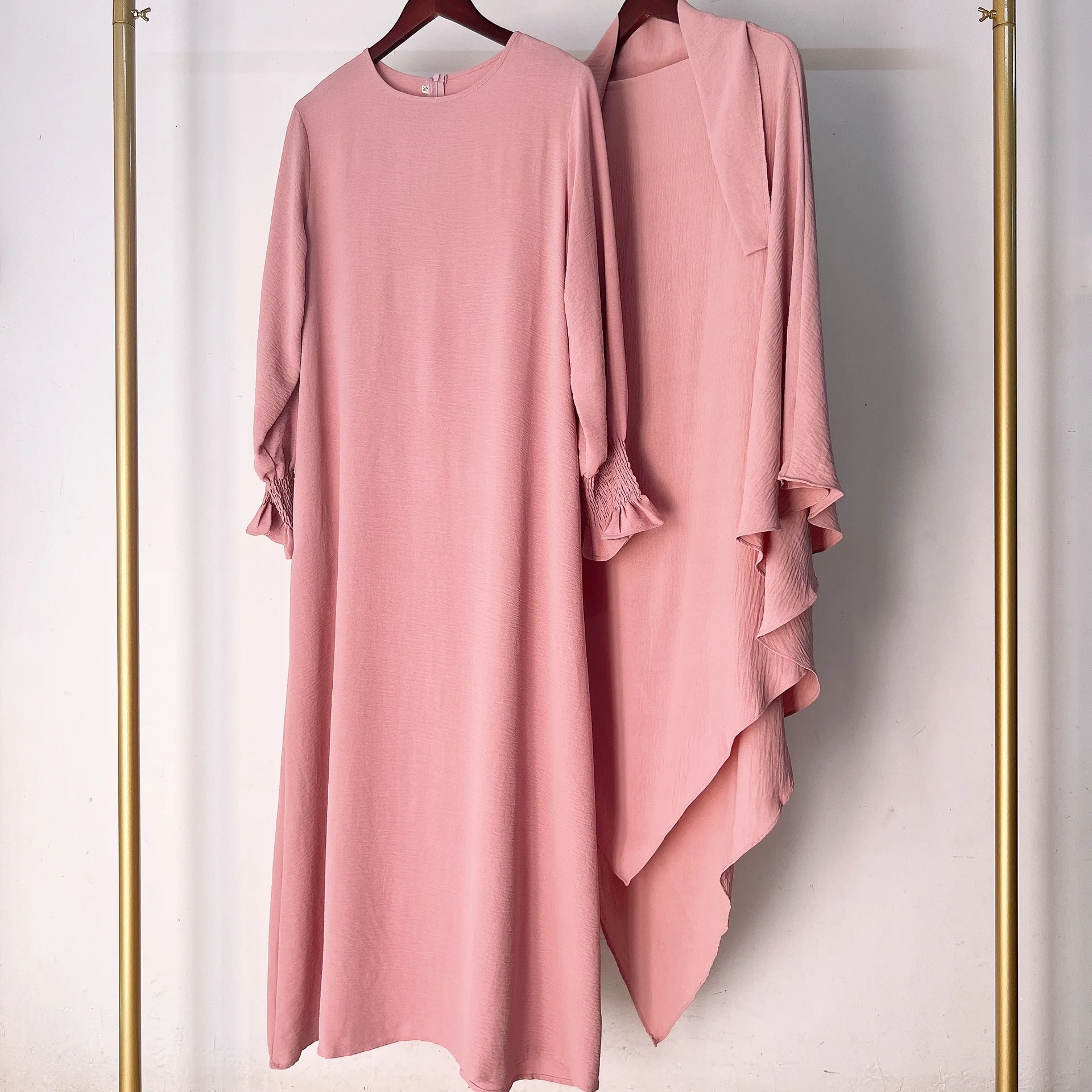 16가지 색상 고품질 패션 무슬림 세트 아이스 실크 크레이프 키마르 이너 롱 드레스 투피스 세트 여성 캐주얼 질밥 아바야 슈트