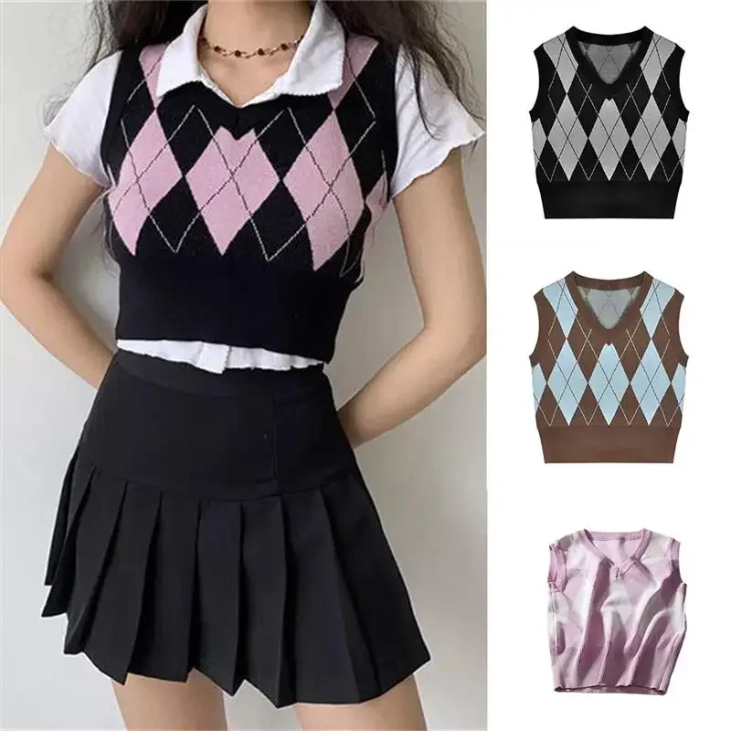 Vintage Plaid Sweater Vest Women V-neck Sleeveless Tank College Style Knitting Pullovers Tops for Daily