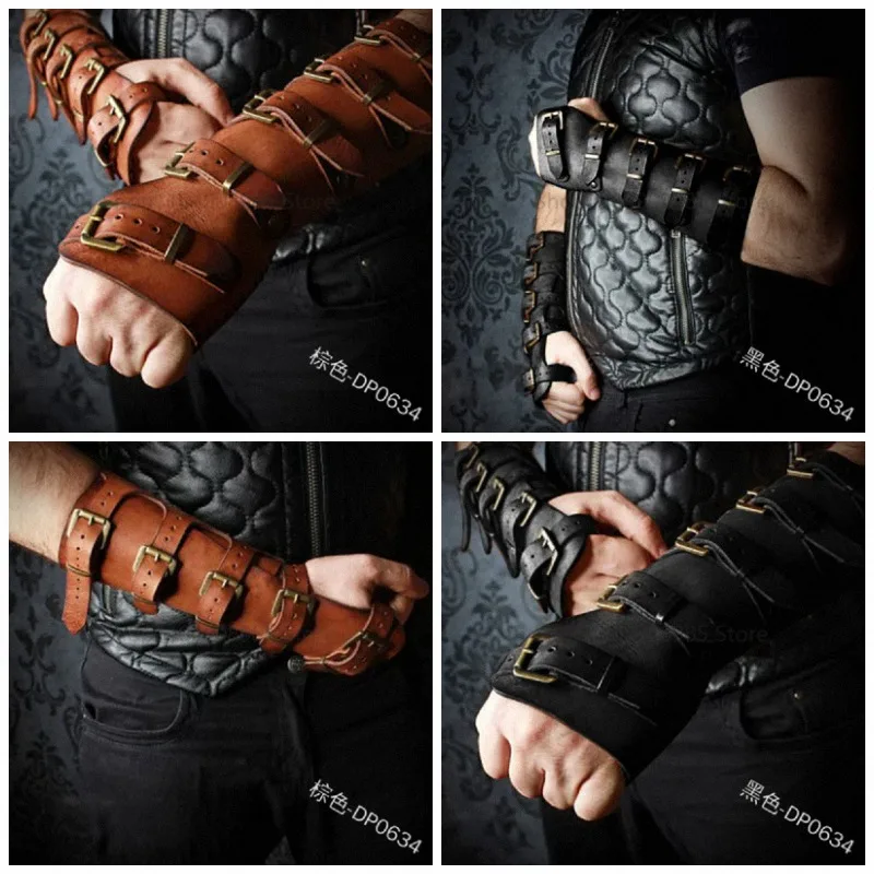 OA Adult Punk Leather Bracers Medieval Retro Strap Buckle Adjustable Leather Gloves Vambraces Cosplay Costume Props