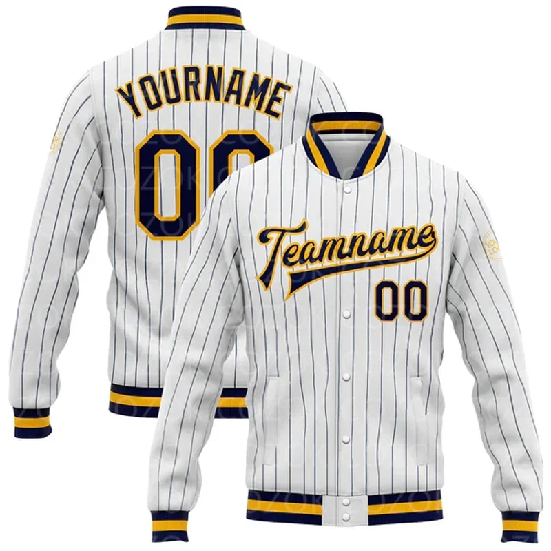 Custom White 3D Printed Baseball Button Jacket Bomber Full-Snap Varsity Letterman Jacket