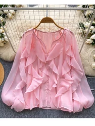 French Spring autumn New Ruffles Edge Gentle Sweet Long-sleeved Chic Fairy Blouse Top Women fashion Blusas Tops W69