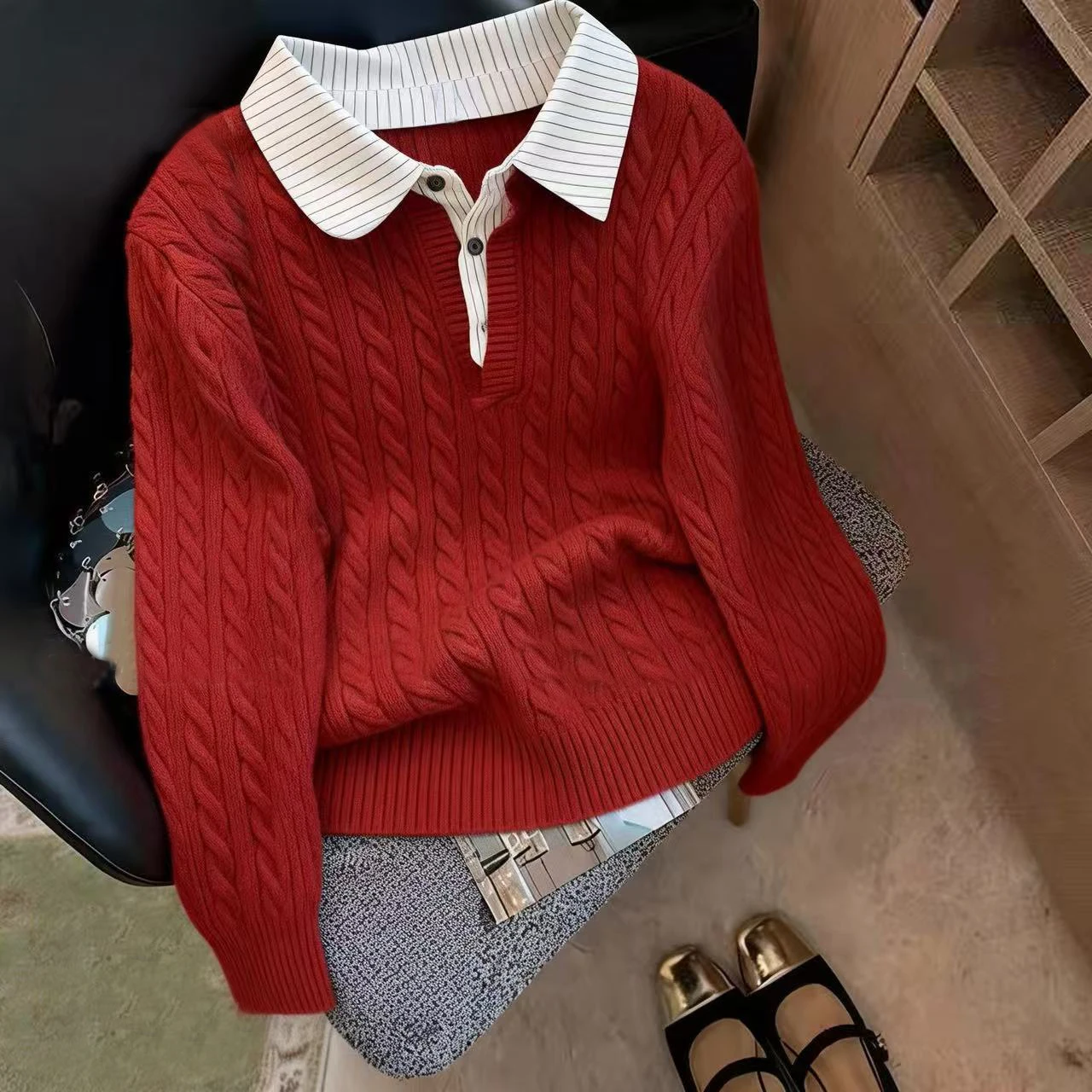 Autumn Winter Collar Linen Texture Knitwear Fake Two-Piece Design Slimming Sweater Brand Outlet Tag Removed Fem Long