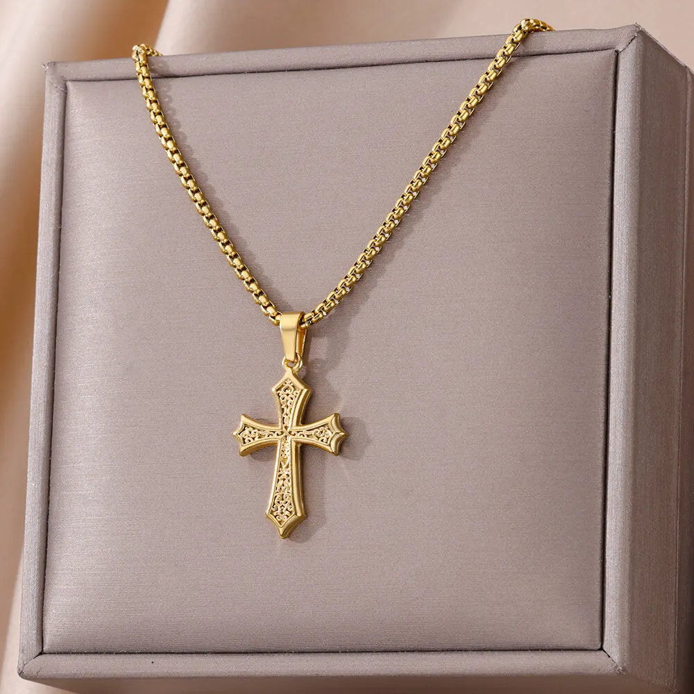 316L Stainless Steel Necklace Women Gold Color Cross Pendant Necklaces Female Aesthetic Jewelry 2024 Trendy Accessories Gifts