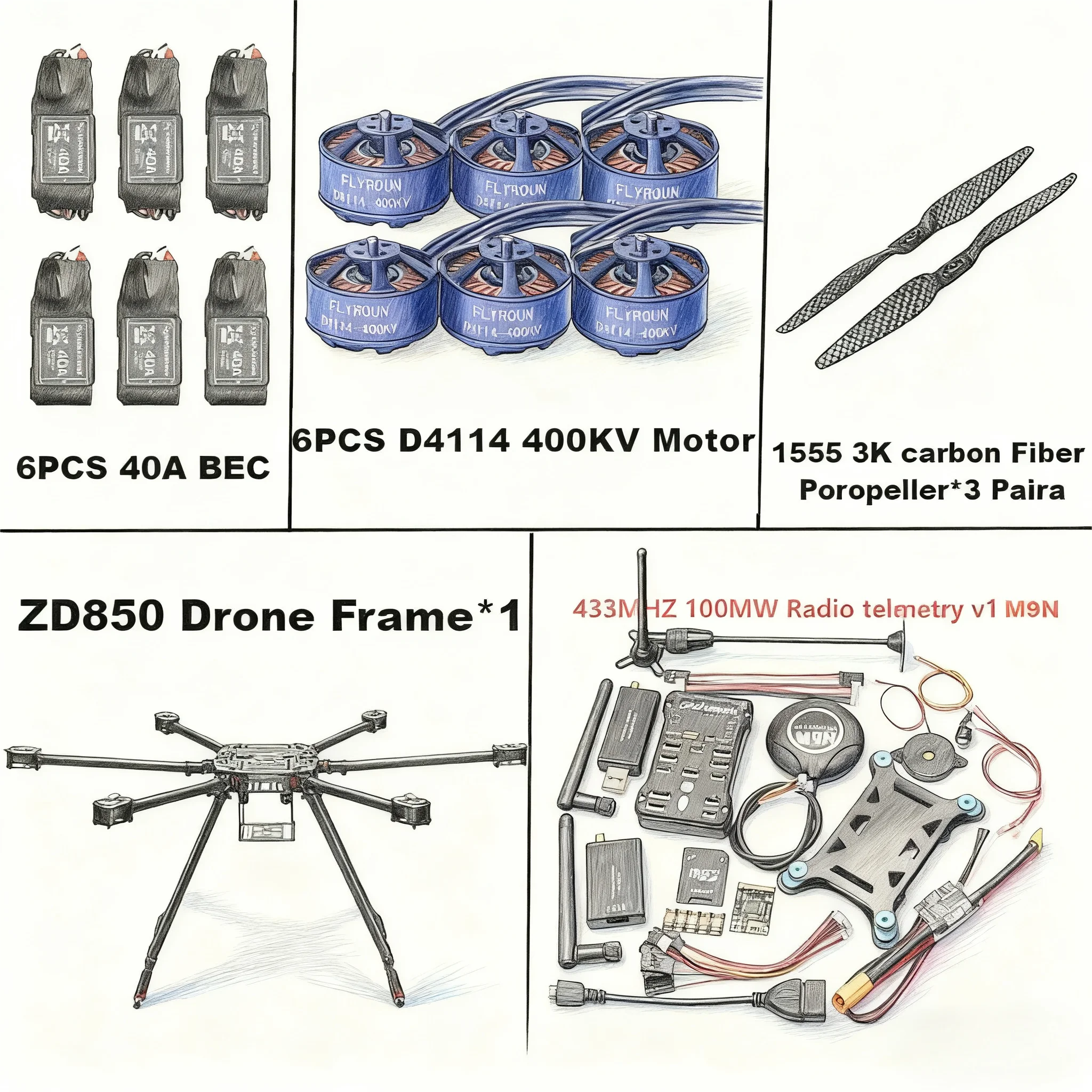 

RC ZD850 Pixhawk 2.4.8 M9N Полностью углеродное волокно 850 мм Рама с шестиротором BLHELI 40A ESC Flight Comtrol Набор телеметрии Rado