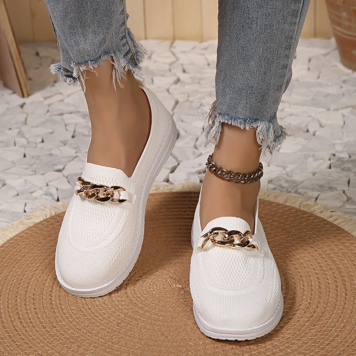 

Chain Ladies Vulcanized Slip on Shallow Autumn Woman Elastic Band Flats Mesh Breathable Walking Shoes Female Summer Flats Women