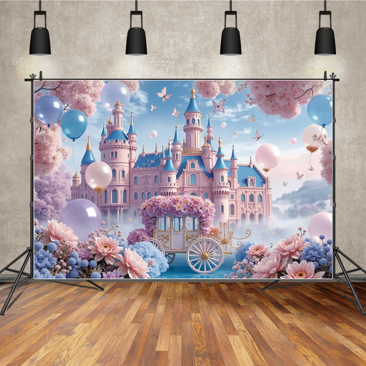 

MOON.QG Pink Fairy Birthday Photography Background Balloon Cart Castle Photocall Backdrop Children Photo Studio Photobooth Props