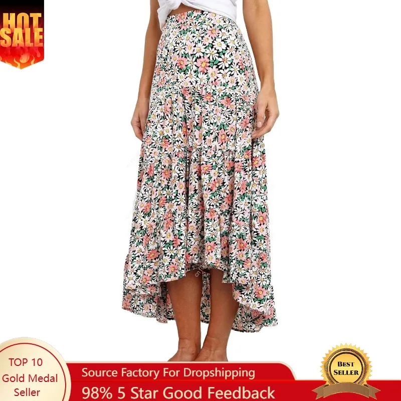 

Women's Ditzy Floral Print Midi Skirt Boho Elastic High Waist Long Skirts for Women Trendy High Low Hem