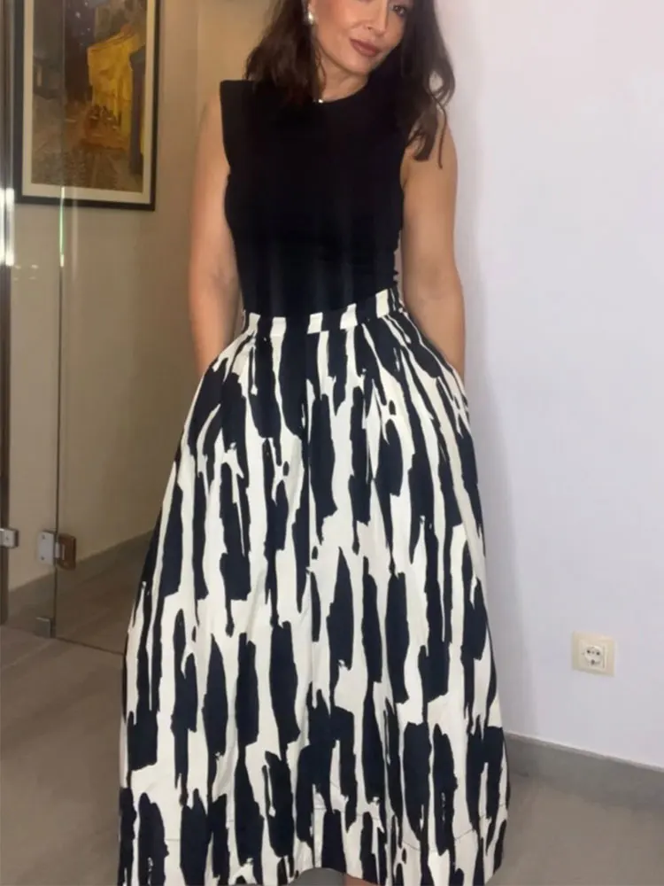 

HH Summer Trendy Printed Midi Skirt For Women High-Waist Slim A-line Versatile Side Zipper Pleated Female Casual Skirts