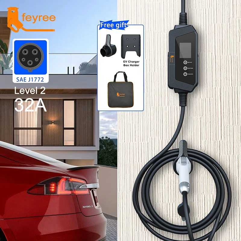 feyree Type1 Portable EV Charger 7KW 32A 1Phase with j1772 Connector Charging holder 5m Cable bag and Charging Box Holder