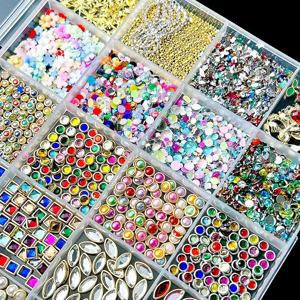 DIY Nail Art Decorations 24 Grids Set with 3D Flat Back Nail Charms Vintage Pendants Star Flower Pearl Rhinestone Gems and Tools view 5
