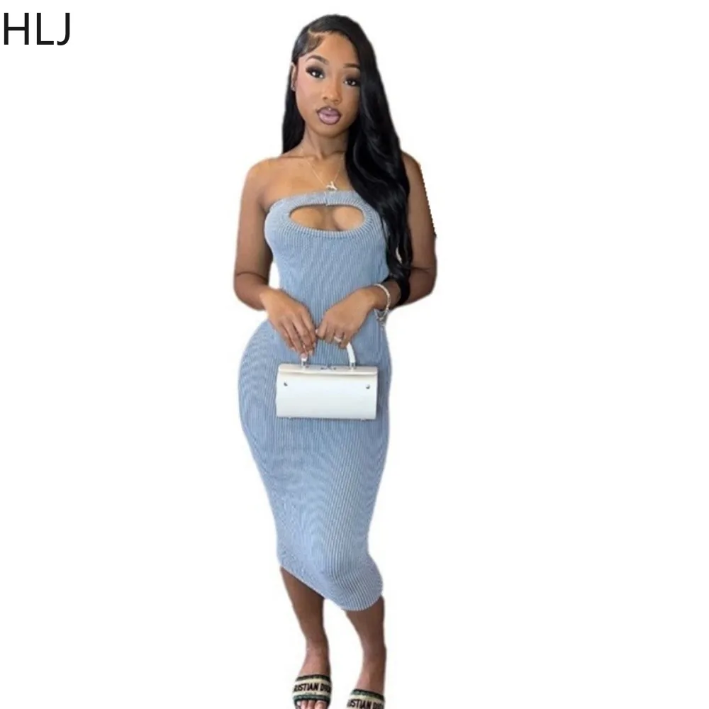 HLJ Sexy Y2K Ribber Solid Hollow Out Bodycon Tube Dresses Women Off Shoulder Sleeveless Backless Slim Vestidos Fashion Clothing